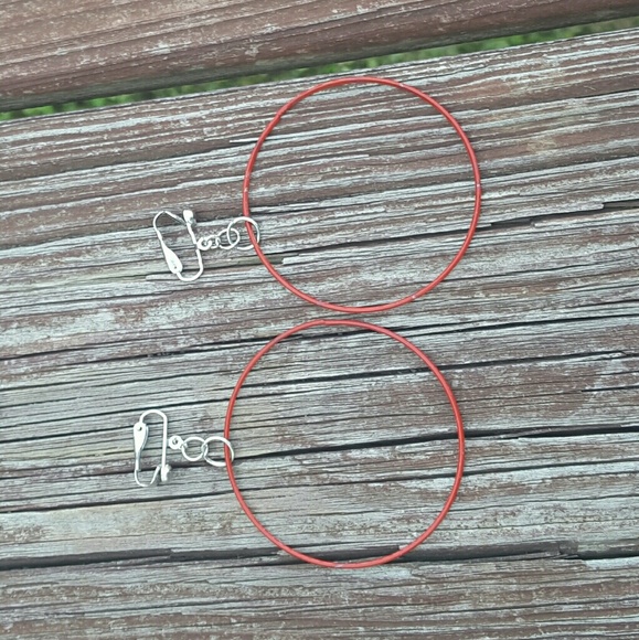 2" Silver Clip Dangle Small Red Hoop Earrings - Picture 2 of 4